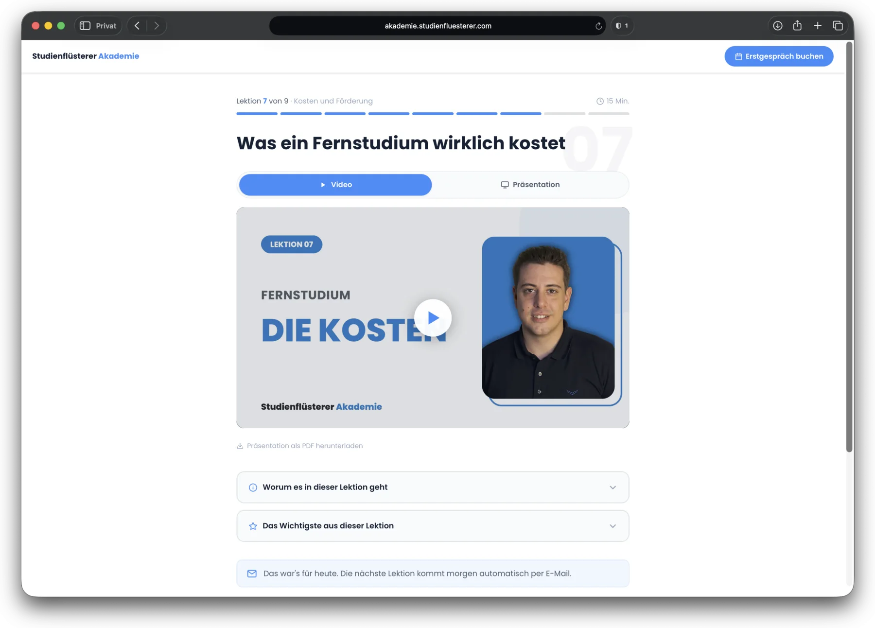 Studienflüsterer Akademie in the browser: lesson on the costs of distance learning